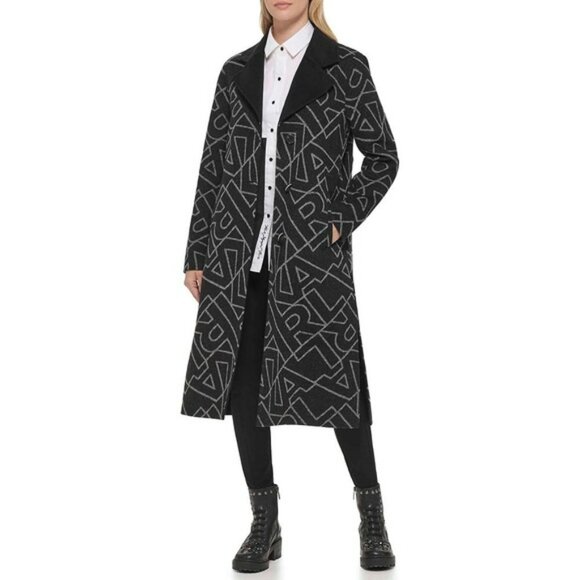 Karl Lagerfeld Paris Logo Print Collared Wool Blend Coat - Picture 15 of 15